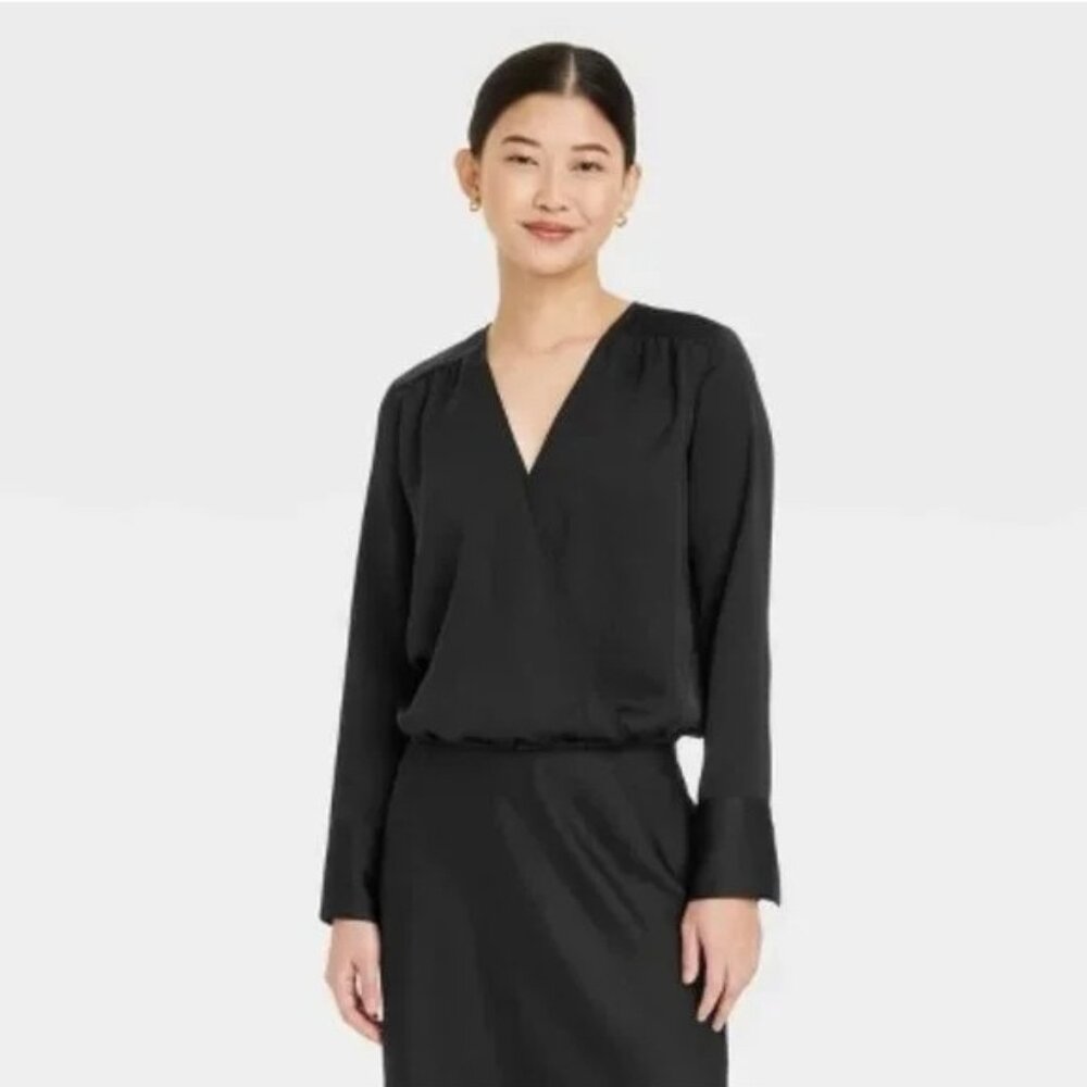 NEW A New Day Women's Long Sleeve V-Neck Wrap Blouse - Black - Size XS